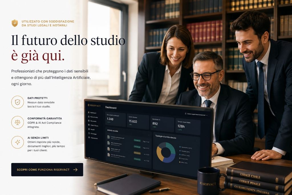 Immagine dimostrativa generata con IA — Professionisti al lavoro con Riservact (Conforme AI Act Art. 50)